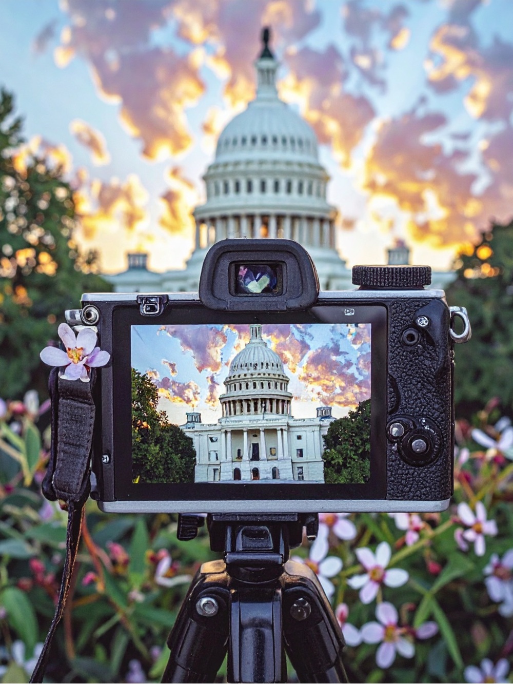 Sunset Capitol Building Photography Print - Black Camera Focus Art